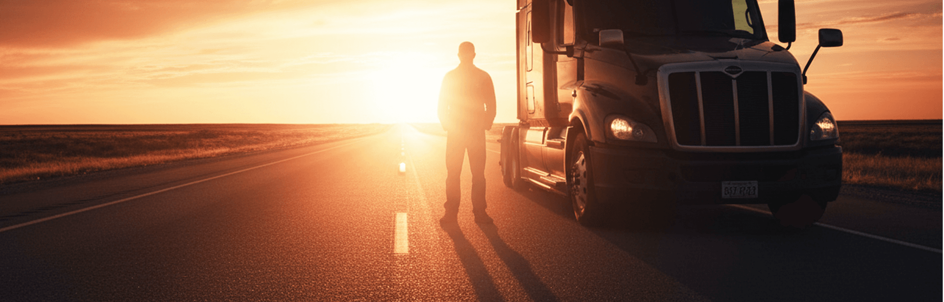 Truck driver standing next to a semi-truck on an open highway at sunset