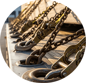 Heavy-duty chains and shackles used for securing freight loads