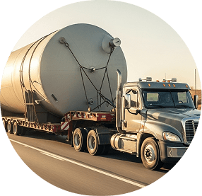 Specialized heavy-haul truck transporting a large industrial tank on a flatbed trailer